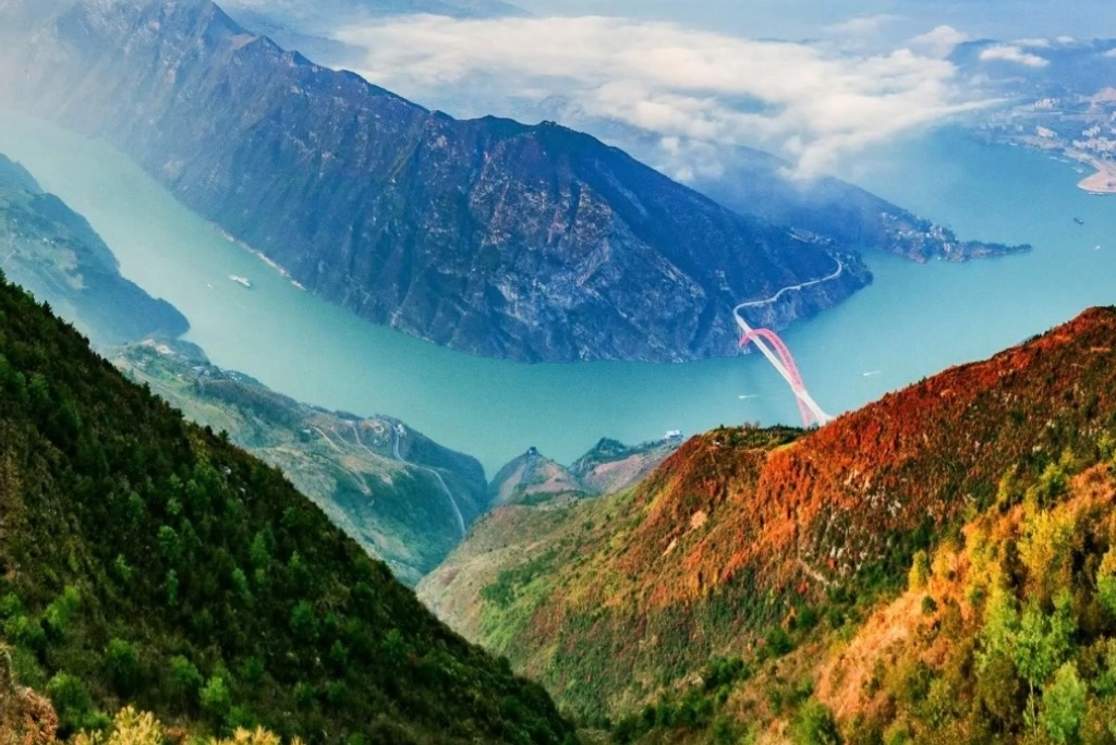 Aerial view of the Three Gorges landscape along the Yangtze River cruise route